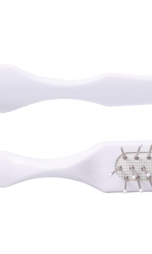 White styling brush with fine bristles for hair styling and detangling.