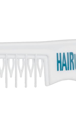 White wig comb with multiple teeth and HairUWear logo for styling wigs.
