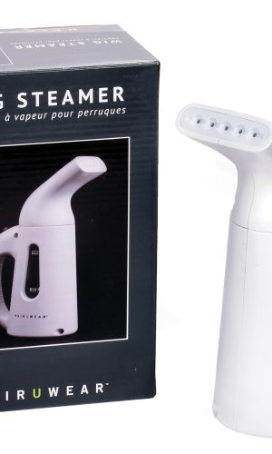 White wig steamer with water tank and handle for hair steaming.