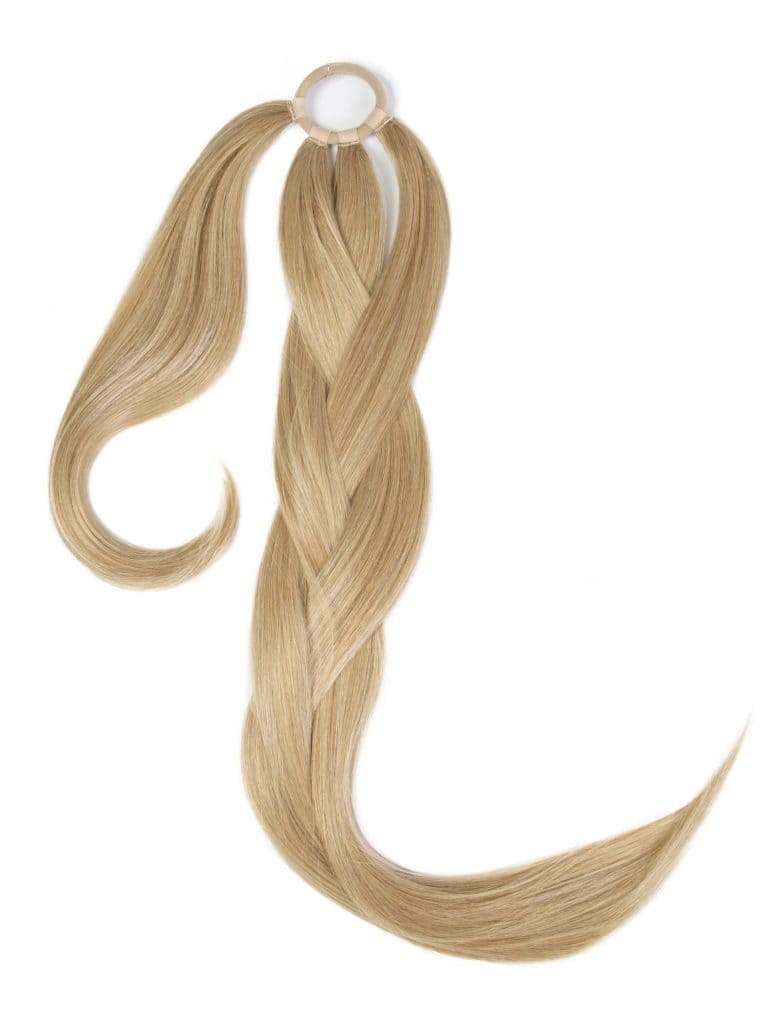 Blonde hair ponytail extension with a hair ring for attachment.