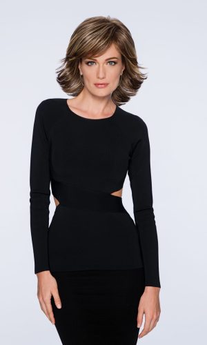 Elegant woman with short layered hairstyle in black dress.