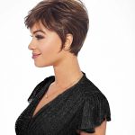 Stylish short pixie wig with layered brown hair and side-swept bangs.