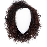 Curly brown wig with tight ringlet curls on a white mannequin head.