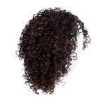 Curly wig with dark roots and reddish-brown highlights on a white mannequin head.