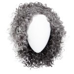 Gray and black curly wig on a mannequin head for natural look.