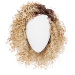 Blonde and light brown curly wig with voluminous curls on a mannequin.