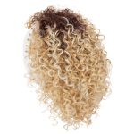 Curly blonde wig with dark roots, styled in tight ringlets.
