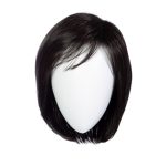 Black bob wig with side-swept bangs on a white mannequin head.