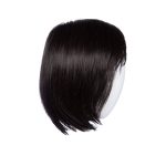 Black straight bob wig on a white mannequin head.