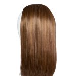 Long, straight chestnut brown wig with a smooth finish.