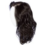 Wavy black wig displayed on a mannequin head for women.