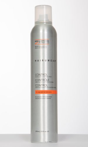 Silver aerosol spray can for hair with control and flexible hold features.