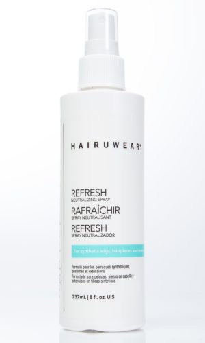 White spray bottle labeled Refresh Neutralizing Spray for synthetic wigs.