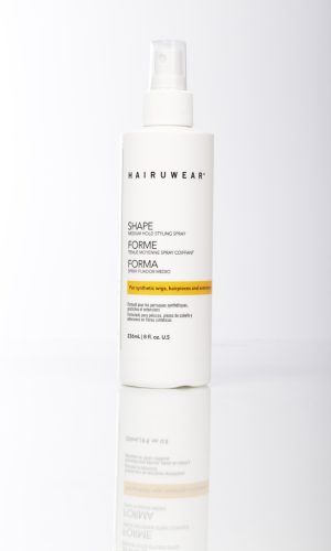 White bottle of HairUWear Shape Medium Hold Styling Spray with pump.