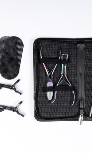 Beading tools and accessories for wig styling and maintenance.