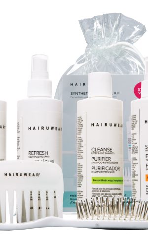 Hair care products for synthetic wigs including spray bottles and styling tools.