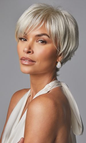 Elegant short silver wig with layered style and side-swept bangs.