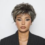 Stylish short wig with textured layers in ash blonde and brunette tones.