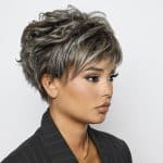 Stylish short gray and black layered wig for women from Hidden Secrets Wigs.