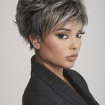 Stylish short gray and black layered wig for women from Hidden Secrets Wigs.