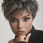 Stylish short gray and black curly wig for women from Hidden Secrets Wigs.
