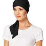 Black short scarf styled on a woman with a white t-shirt.