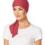 Red Maha Short Scarf worn by woman with white shirt.
