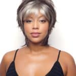Stylish short layered wig in silver and ash tones for women.