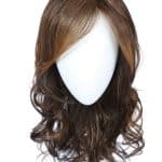 Wavy brown wig with blonde highlights on a white mannequin head.