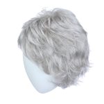 Gray curly wig displayed on a white mannequin head.
