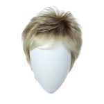 Blonde short wig with layered style on a mannequin head.