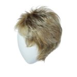 Blonde short wig with layered, tousled style on a white mannequin head.