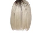 Blonde straight wig with dark roots, full and sleek hairstyle.