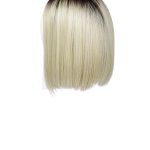 Blonde ombre wig with dark roots and straight style.