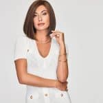 Stylish brown bob wig on a woman with shoulder-length hair.