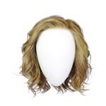 Wavy blonde wig displayed on a mannequin head with no face.
