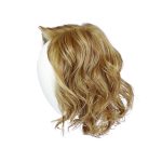 Blonde wavy wig displayed on a white mannequin head.