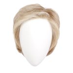 Blonde short wig displayed on a mannequin head with no face.