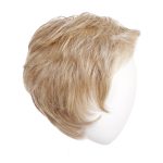 Short blonde wig with layered, textured style on a white mannequin head.