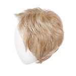 Blonde short wig displayed on a white mannequin head.