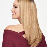 Long blonde wig with soft waves, perfect for a natural look.