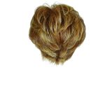 Short curly wig in blonde and light brown shades for women.