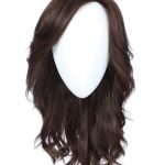 Long wavy brown wig displayed on a mannequin head with a white background.