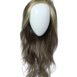 Long wavy blonde and brown wig on a mannequin head.