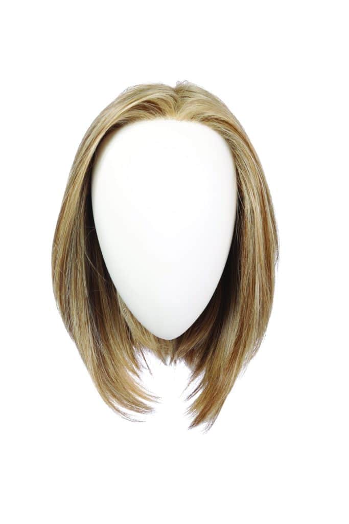 Blonde wig with layered style on a mannequin head.