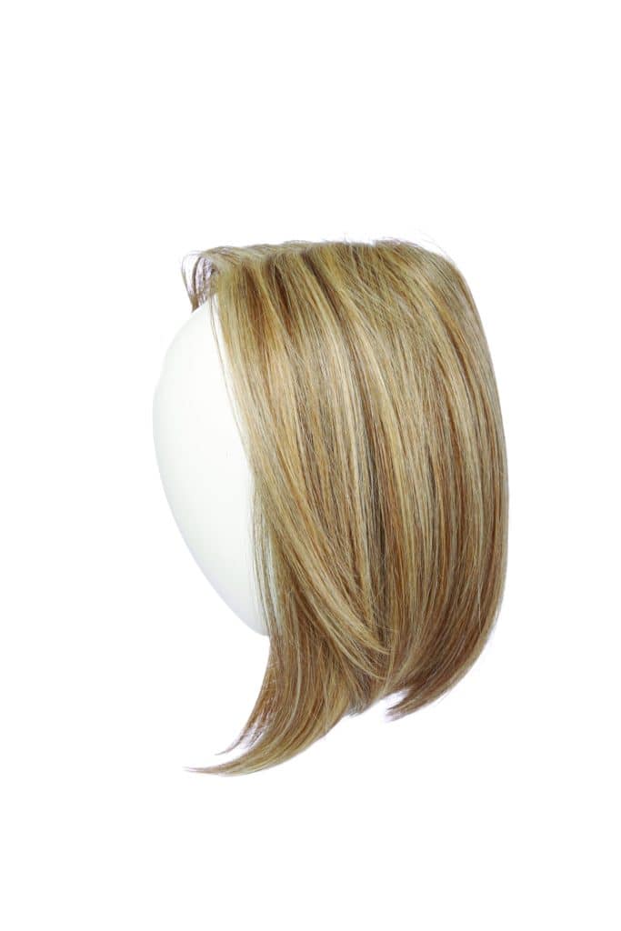 Blonde synthetic wig displayed on a white mannequin head.