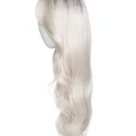 Long platinum blonde wig with soft waves on a mannequin head.