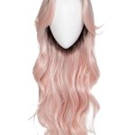 Long pink wavy wig displayed on a mannequin head.