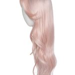 Long pink wavy wig displayed on a mannequin head for sale.