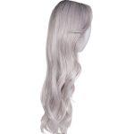 Long silver wavy wig displayed on a mannequin head.
